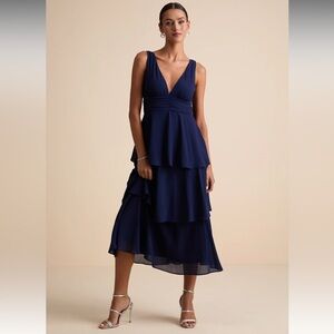 Lulus Dresses Celebration Time Navy Blue Sleeveless Tiered Midi Dress NWT